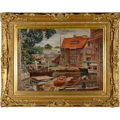 Antique Salters Boat Yard Painting by Alfred de Breanski, Folly Bridge, Oxfordshire