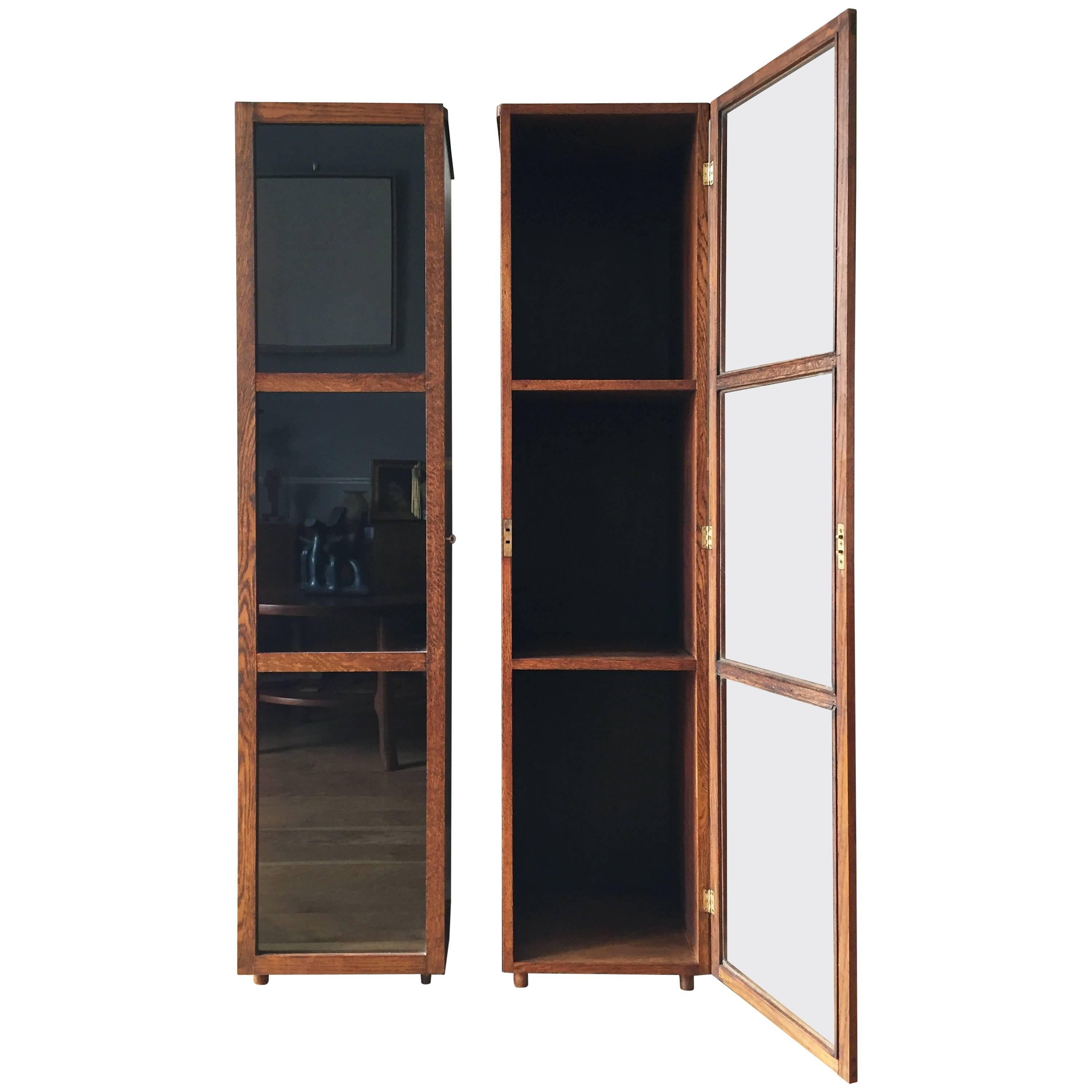 Pair of 1940s Oak Narrow Bookcases or Display Cabinets