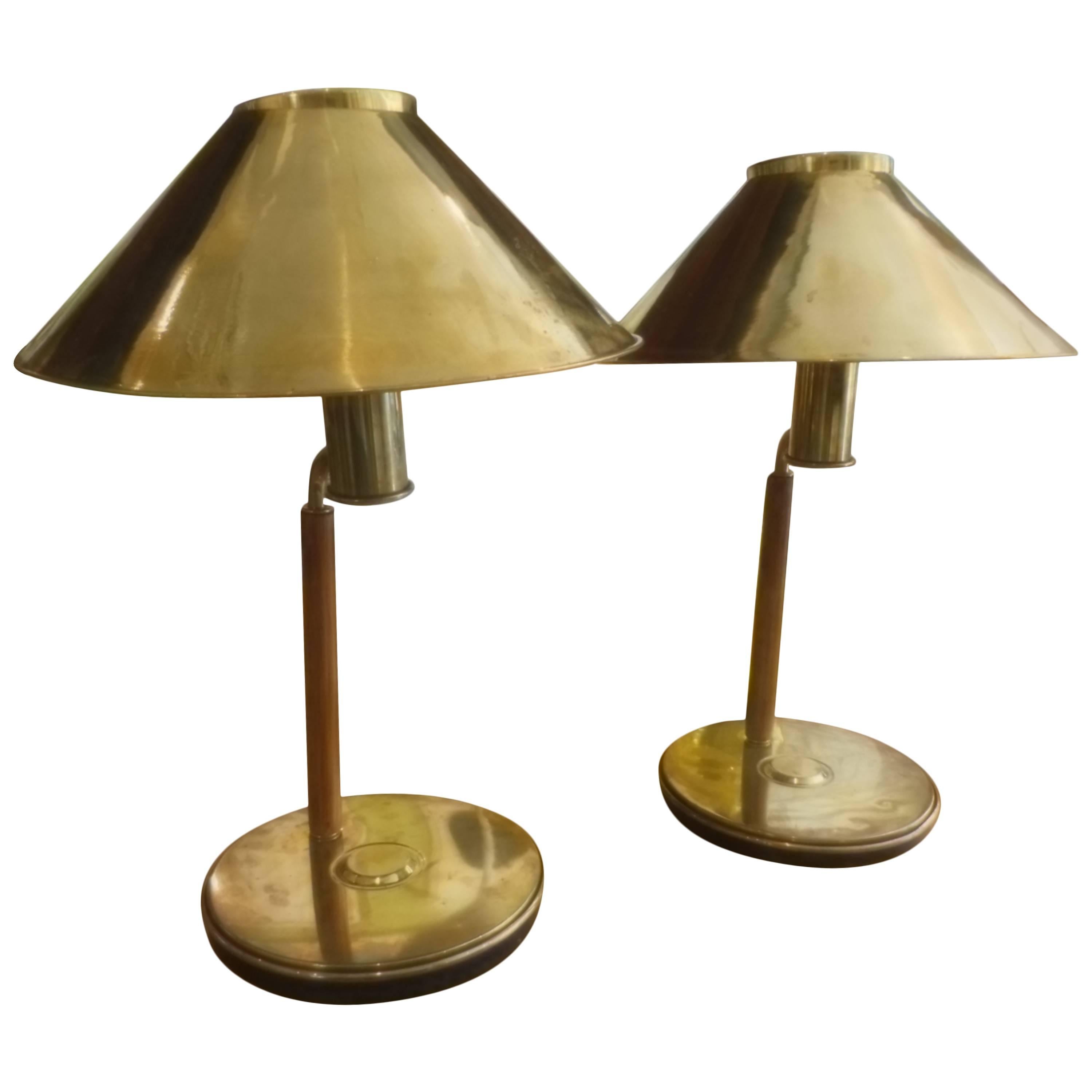 Pair of Brass and Walnut Ship's Table Lamps