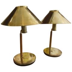 Pair of Brass and Walnut Ship's Table Lamps