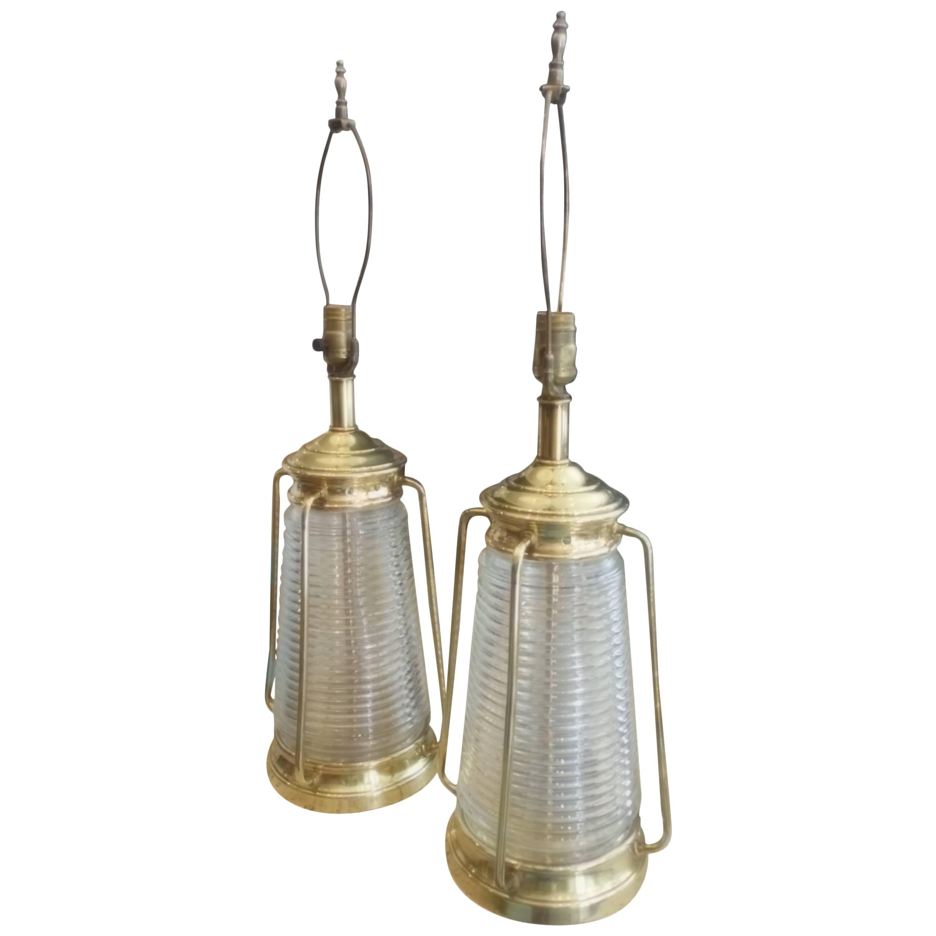 Pair of Brass and Glass Lighthouse Lamps