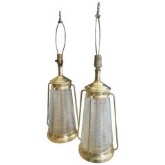 Vintage Pair of Brass and Glass Lighthouse Lamps