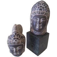Antique An Asian Pair of Buddha Stone Heads, Mixed Pair, Unmounted
