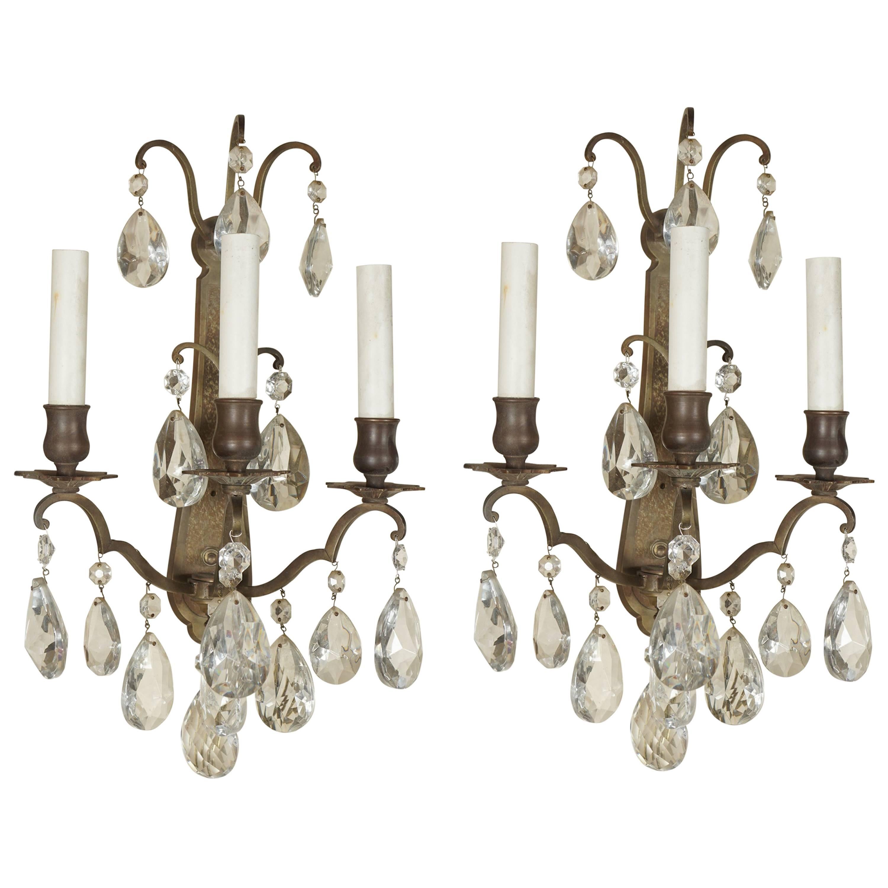 Vintage Pair of Bronze and Cut Crystal Louis XV Style Three-Light Sconces