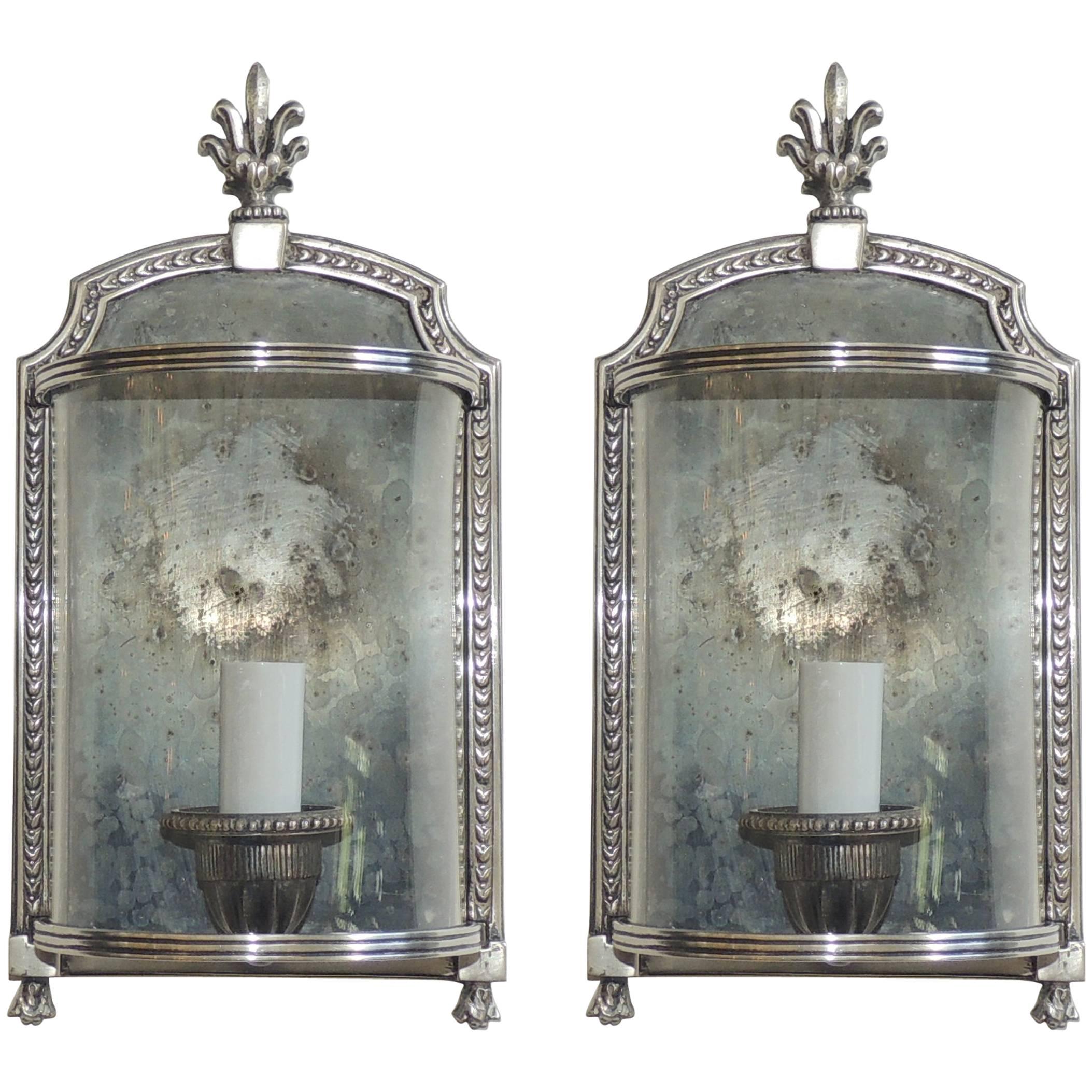 Wonderful Pair Silvered Bronze Nickel Curved Glass E F Caldwell Sconces Fixtures