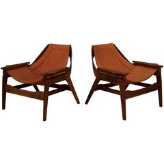 Mid Century Jerry Johnson Walnut Sling Chairs