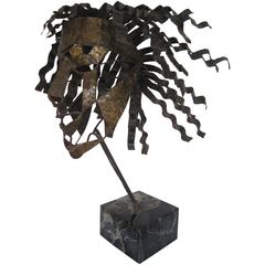 Vintage Metal Face Mask Sculpture on Black Marble Base