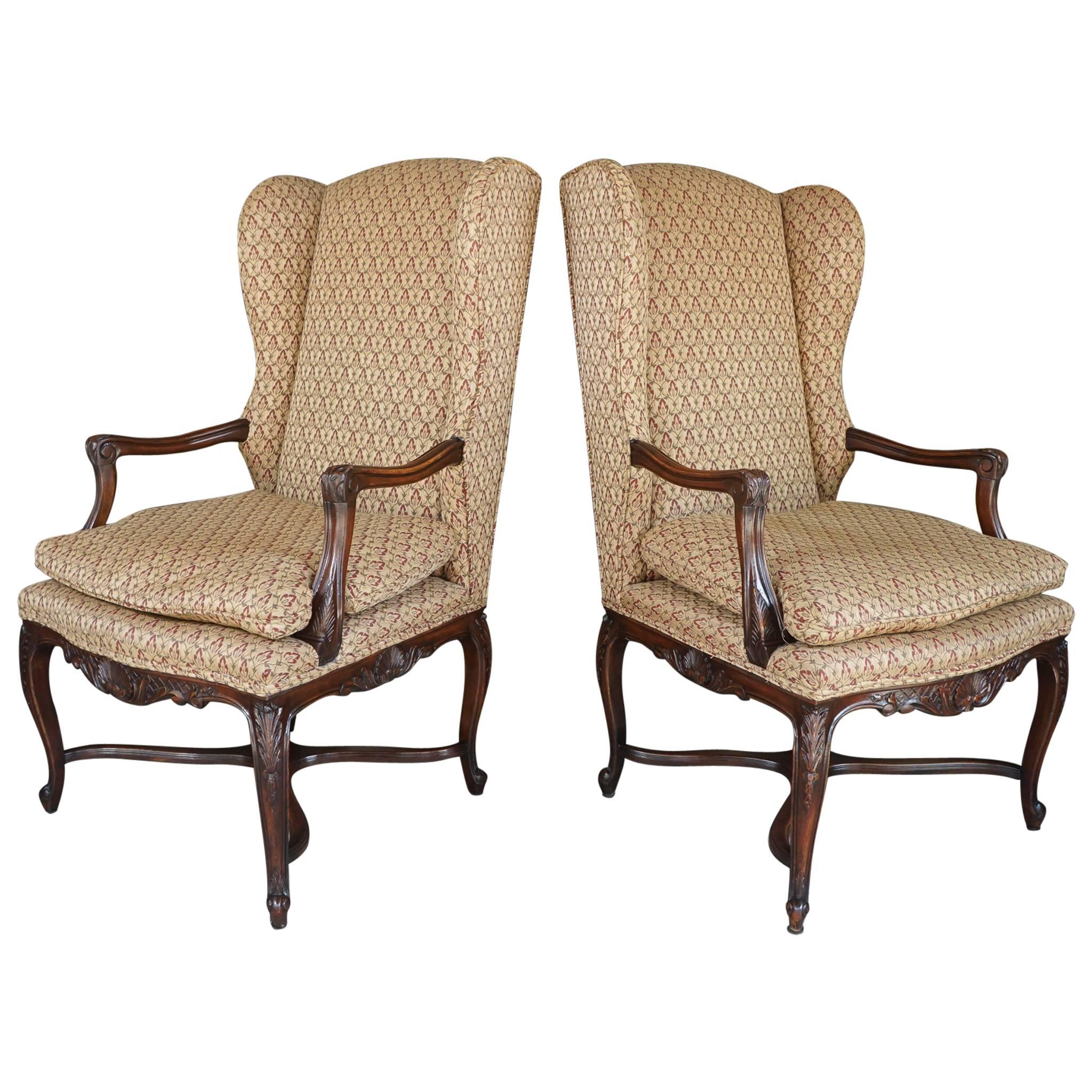 Nice Vintage Pair of Provincial Louis XV Style Walnut Wing Chairs