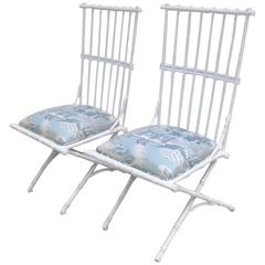 Pair of Aluminum White Exterior Bamboo Designed Chairs Upholstered Seat