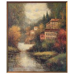 "Riverside Village" by W. Eddie, Oil on Canvas in Impressionist Style 