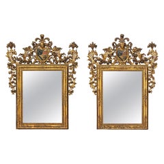 Fine e importante coppia di specchi in legno dorato decorati in policromia