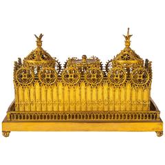 Victorian Gilt Brass Inkstand Cast with Gothic Tracery