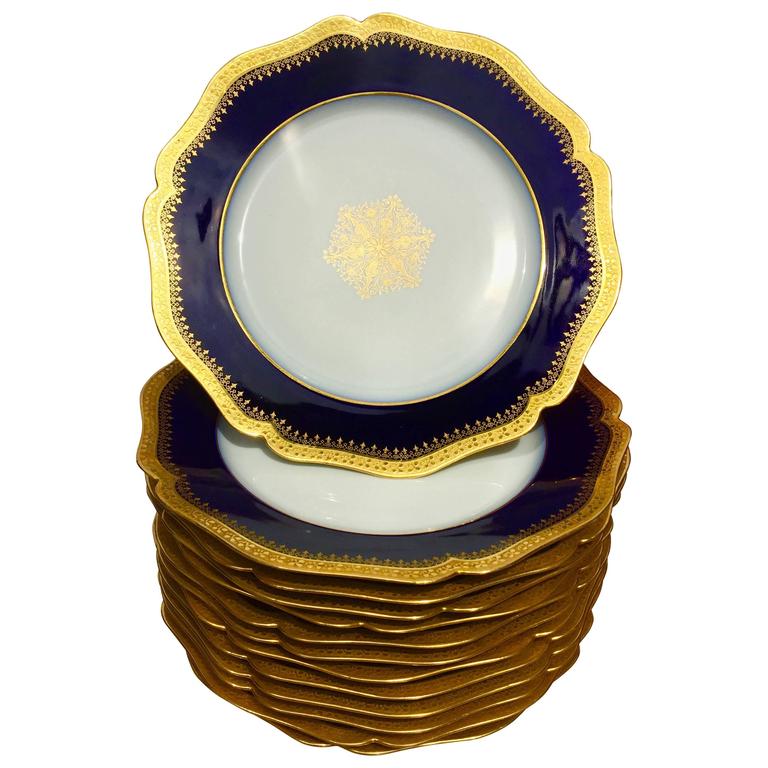12 Porcelain Luncheon Plates Cobalt Blue and Gold Encrusted by Limoges
