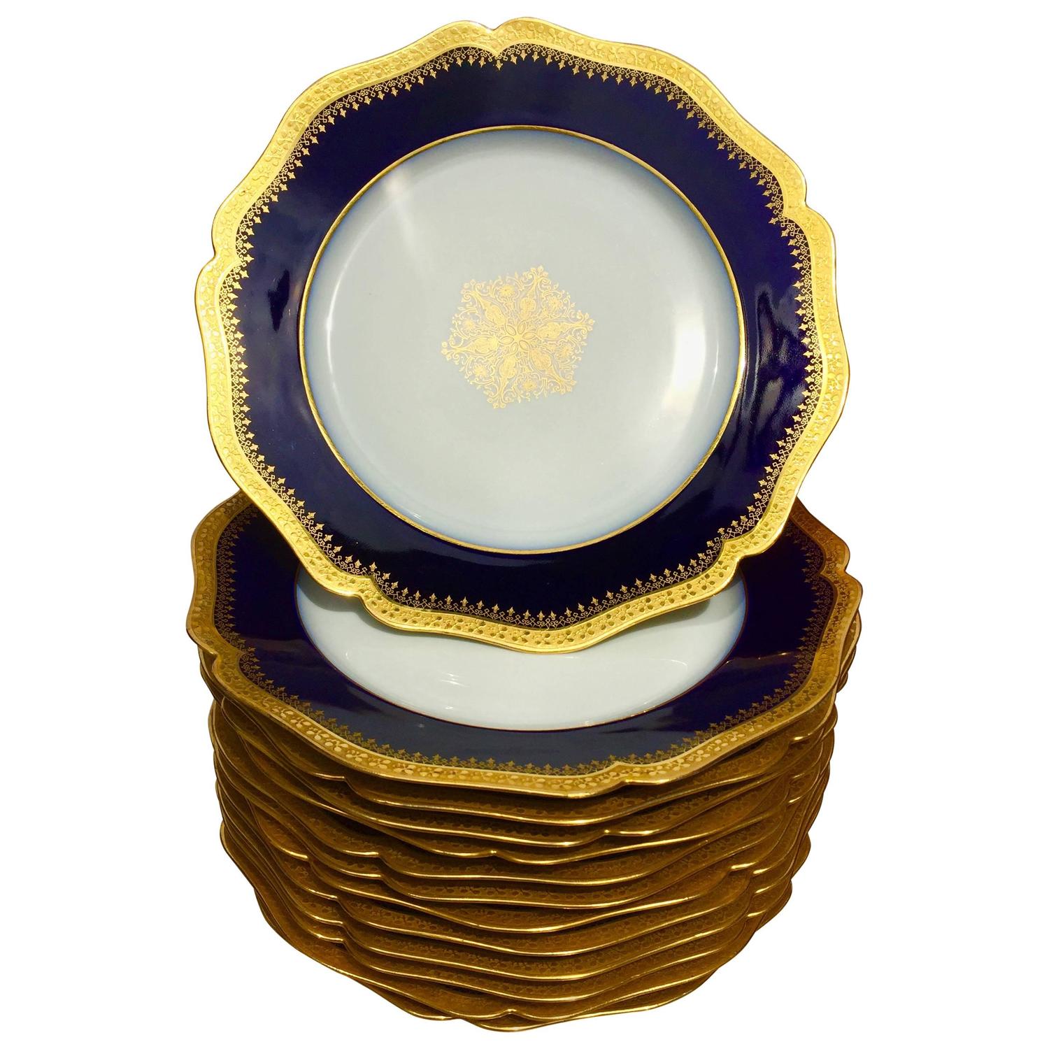 12 Porcelain Luncheon Plates Cobalt Blue and Gold Encrusted by Limoges