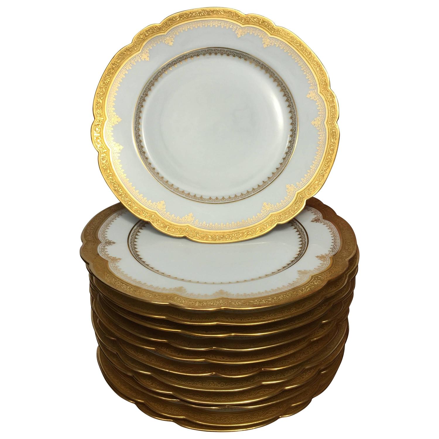 12 Raised Gold on White Porcelain Luncheon Plates by Gilman and