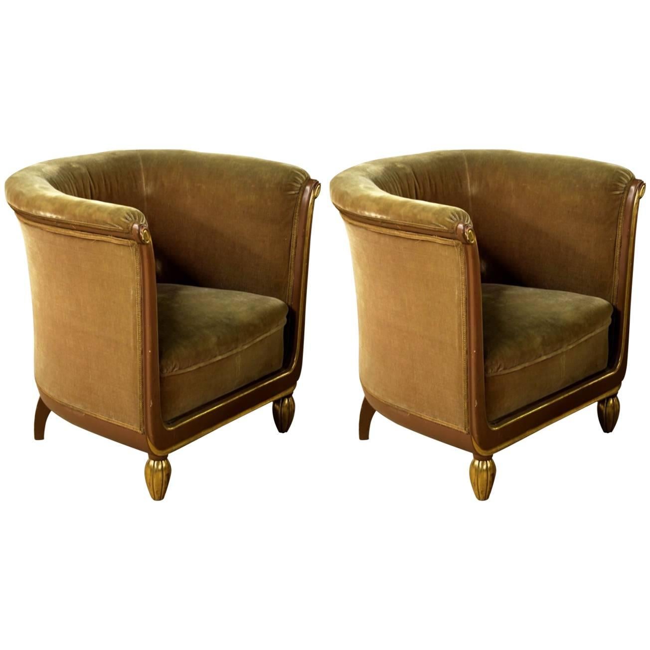Paul Follot Pair of Lacquer and Gilt Sculpted Club Chairs