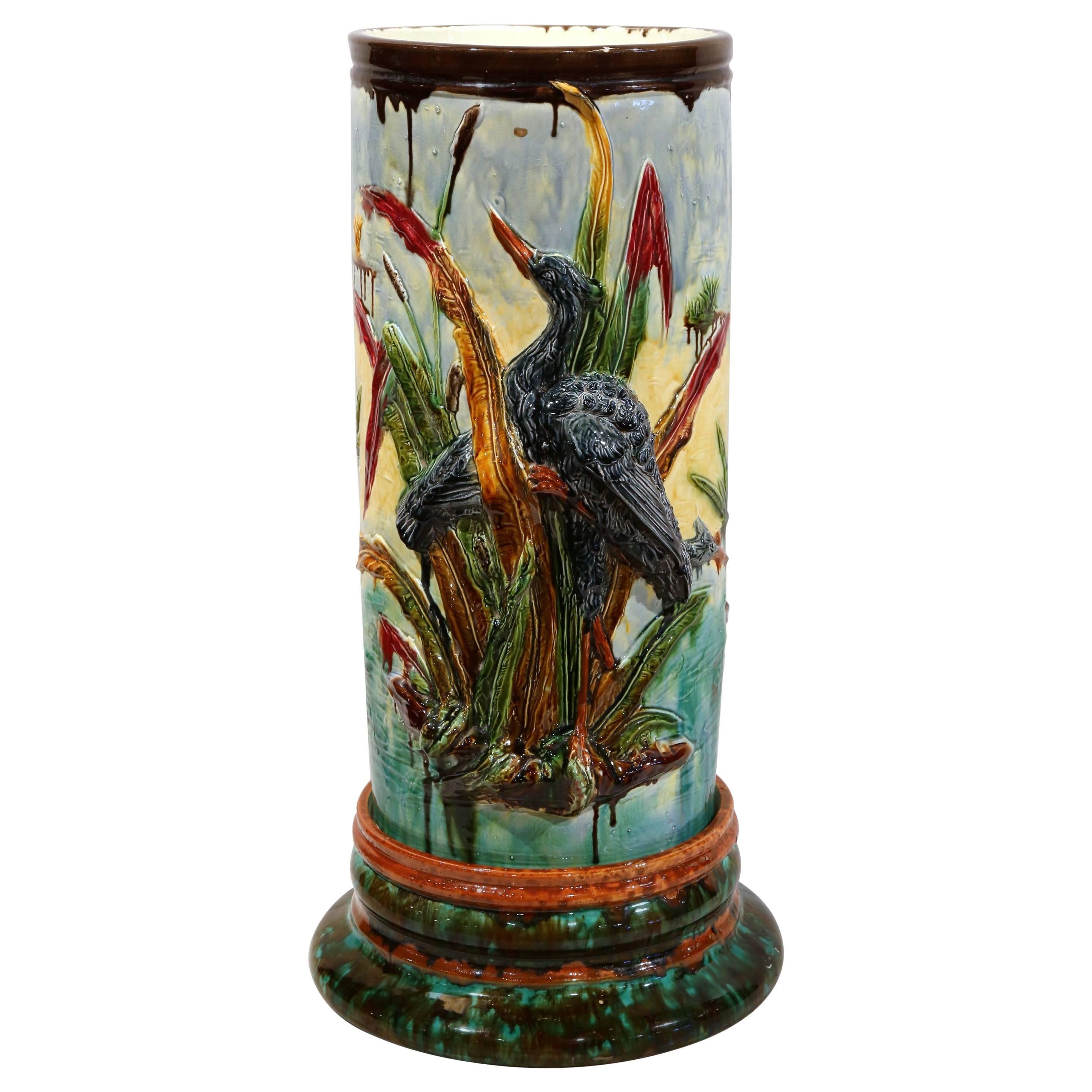 Tall 19th Century French Barbotine Umbrella Stand with Birds