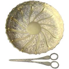 Antique English, Sterling Silver Grape Dish and Scissors in Original Case