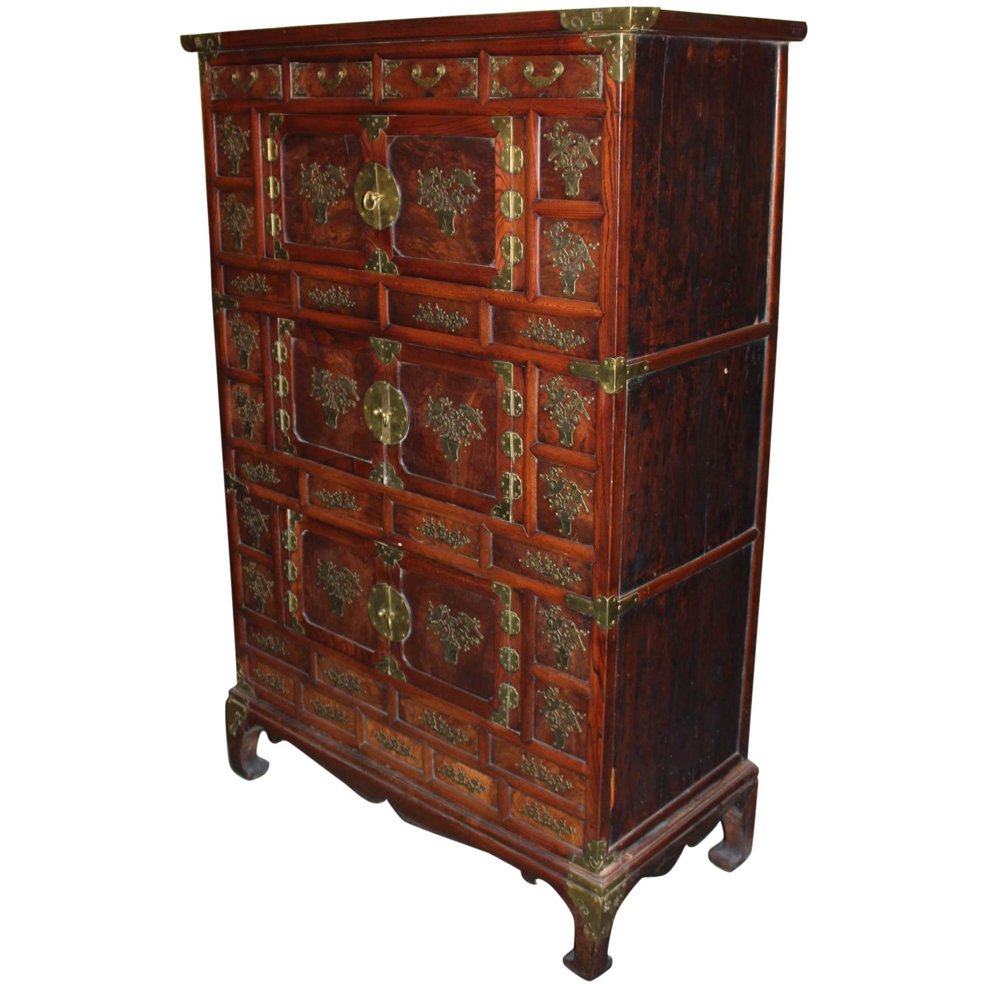 Late 19th Century Korean Tansu Elmwood Cabinet with Brass Mounts For Sale