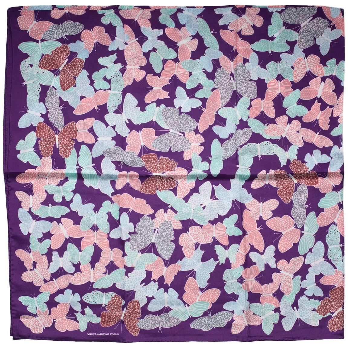 Butterflies Silk Scarf, Purple, Pink and Aqua, Made in Italy For Sale