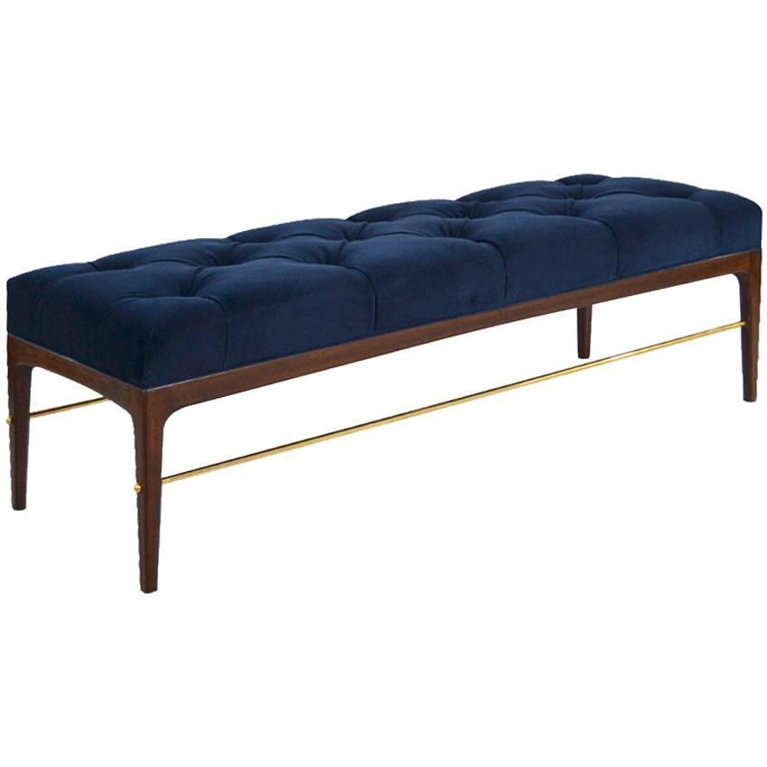 Brass Rodded Bench in Tufted Blue Velvet at 1stdibs