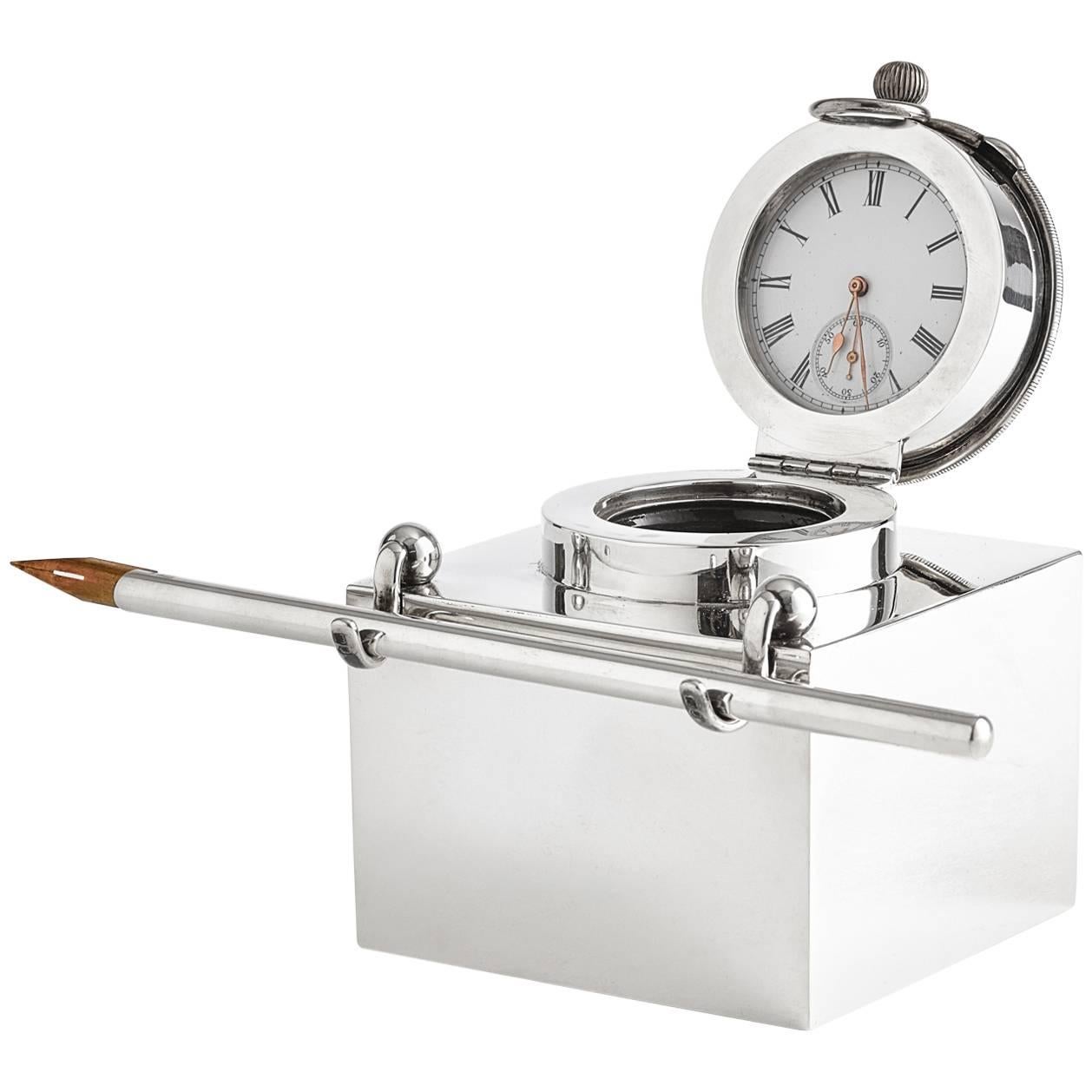 Silver Clock Inkwell with Pen by Goldsmith & Silversmith Co, London, 1905