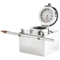 Antique Silver Clock Inkwell with Pen by Goldsmith & Silversmith Co, London, 1905