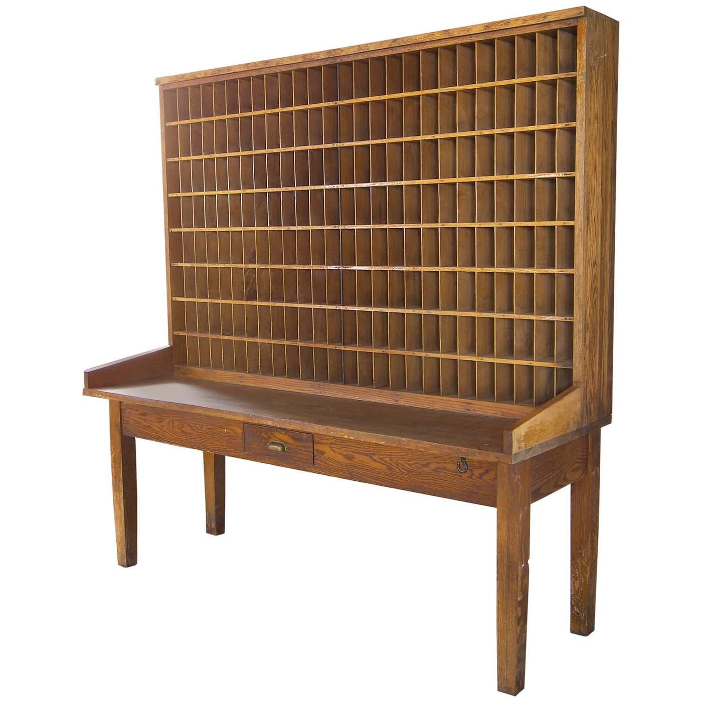 Antique Industrial Wood Postal Sorting Desk Storage Post Office Side ...