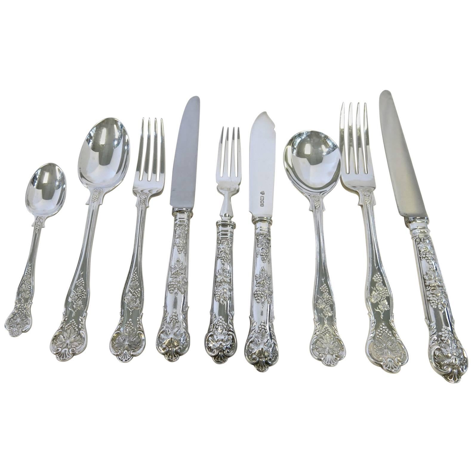 Bright Vine Pattern, English, Sterling Silver Flatware Set Fitted in Box