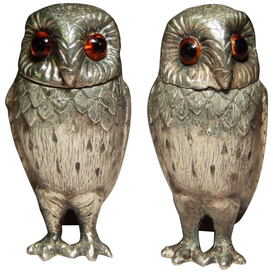 Tiffany, Sterling Silver Owls, Salt and Pepper, English Hallmarks at