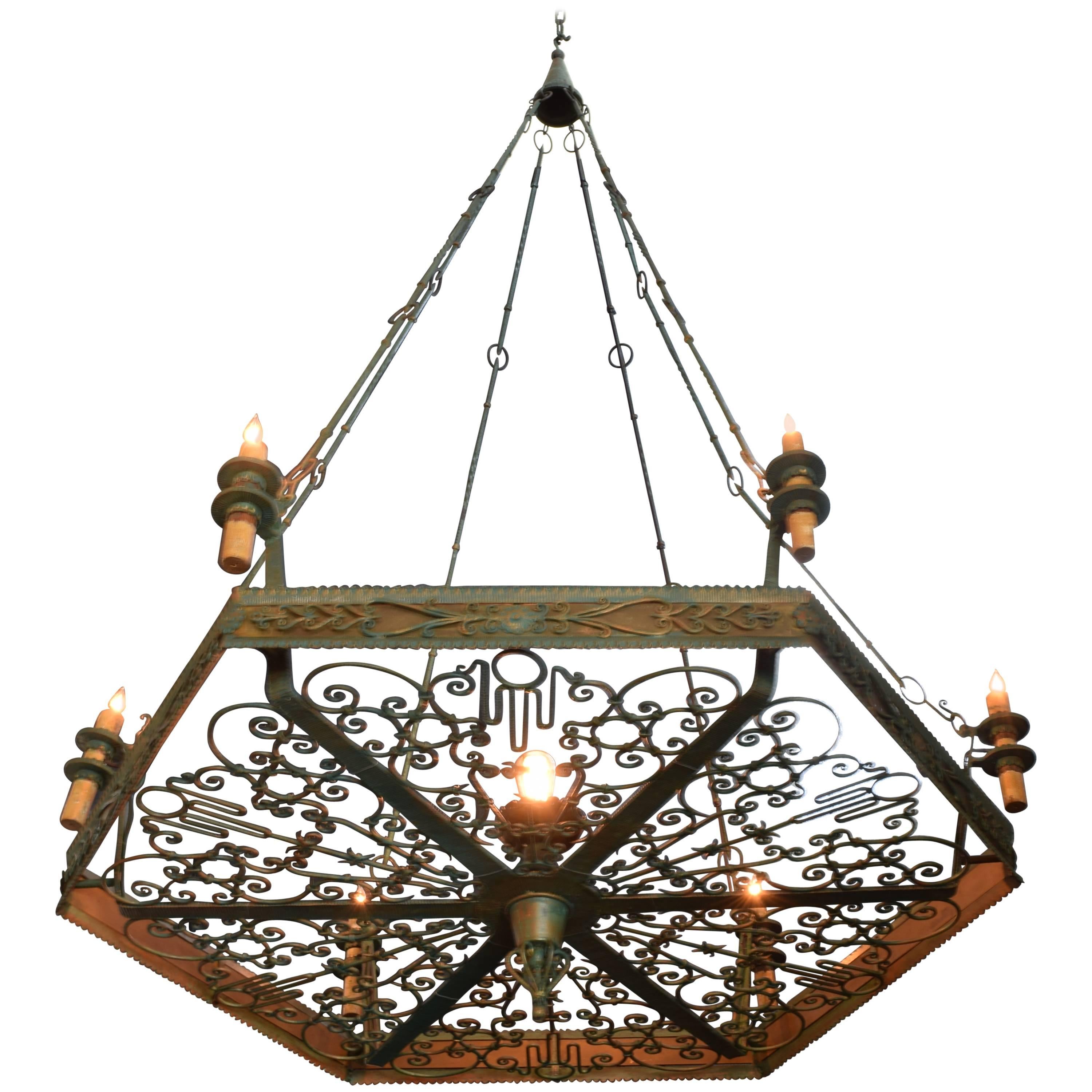 Enormous Italian Wrought & Painted Iron Chandelier, Antonio d' Andrea, UL Wire