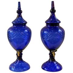 Vintage Pair of Large and Impressive Cobalt Cut-Glass Apothecary Cooler Urns