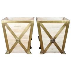Large Modern Brass and Wood Planters 1