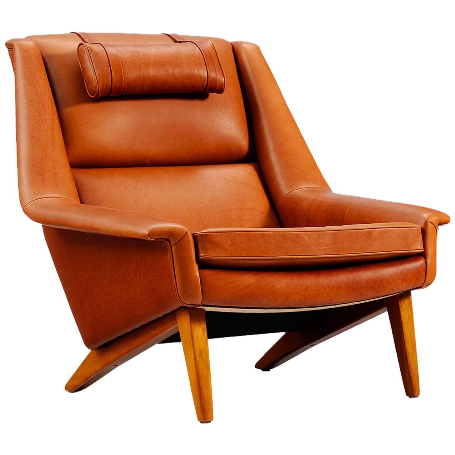 Danish Reupholstered Lounge Chair in Cognac Leather
