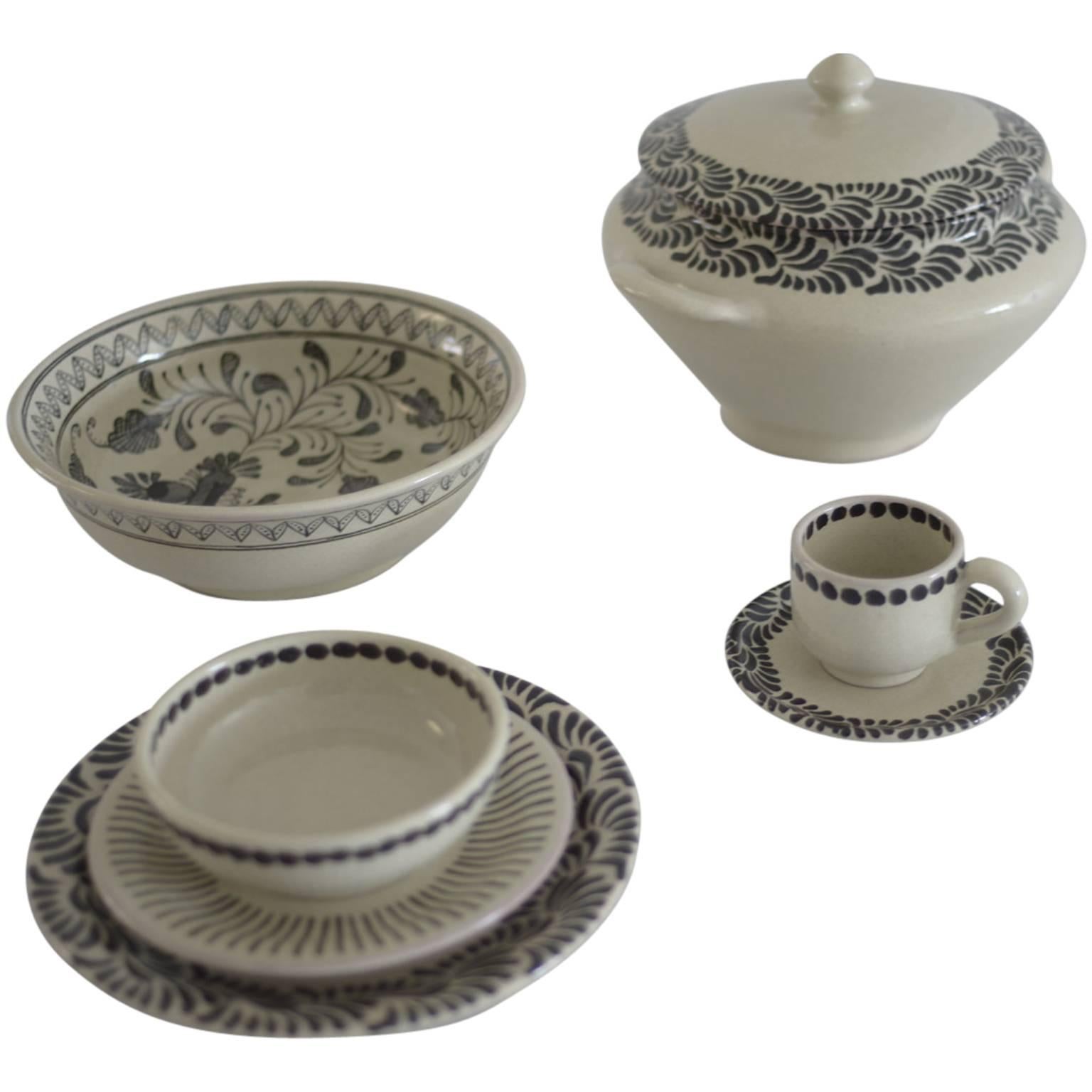 Modern Talavera Black and White Collage Dinnerware Service for 12 For Sale