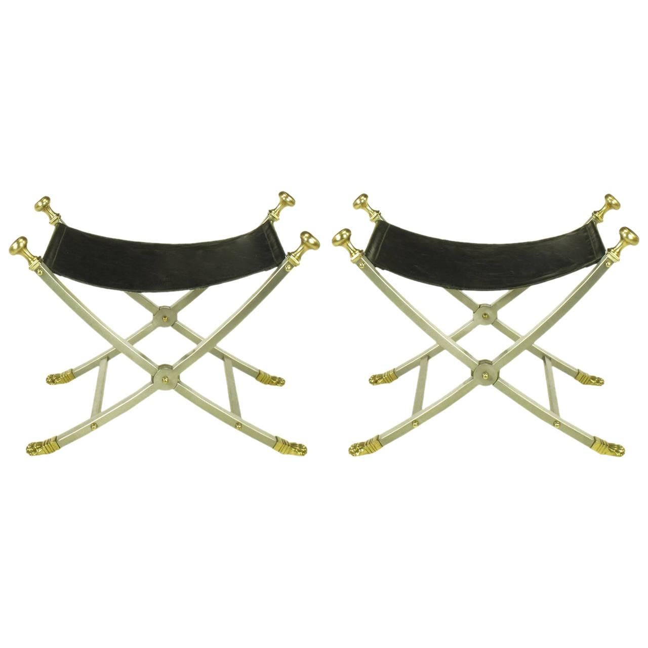Pair of Maison Jansen Black Leather, Brass and Brushed Nickel Benches