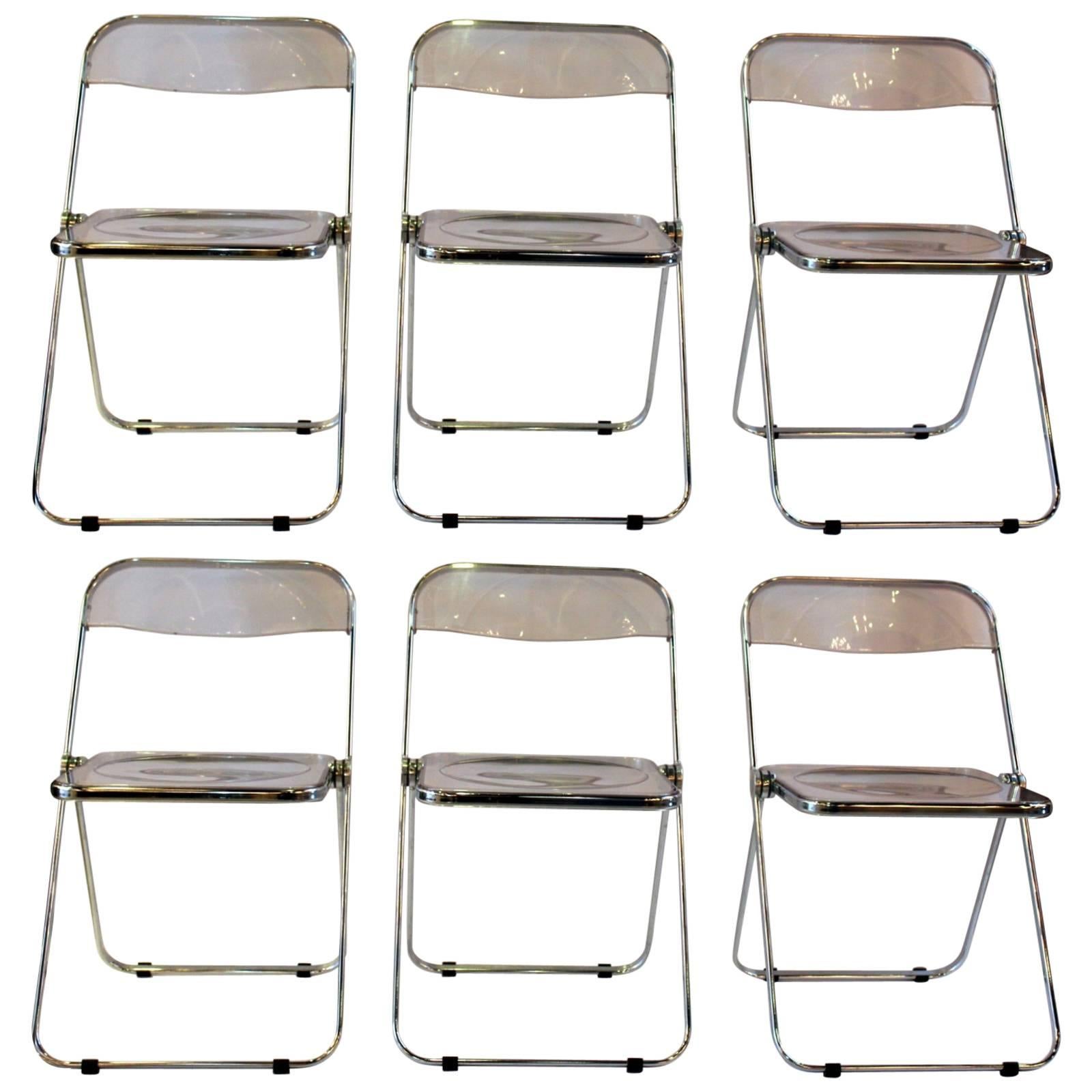 Set of Six Lucite and Chrome Italian Folding Chairs