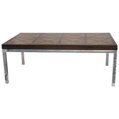 Parquetry Inlaid Wood Dining Table Chrome Base 2