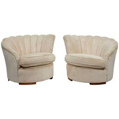 Pair of Deco Style Lounge Chairs with Fan Backs in Plush Velvety Fabric