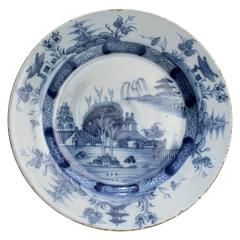 18th Century Blue and White Dutch Delft Pottery Plate with Chinese Motif