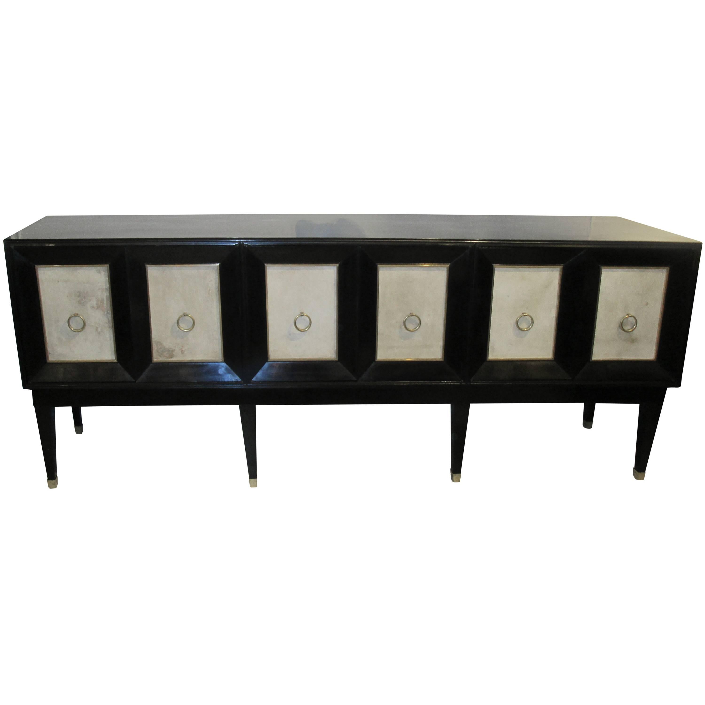 Ebonized Parchment Sideboard on Tapered Legs