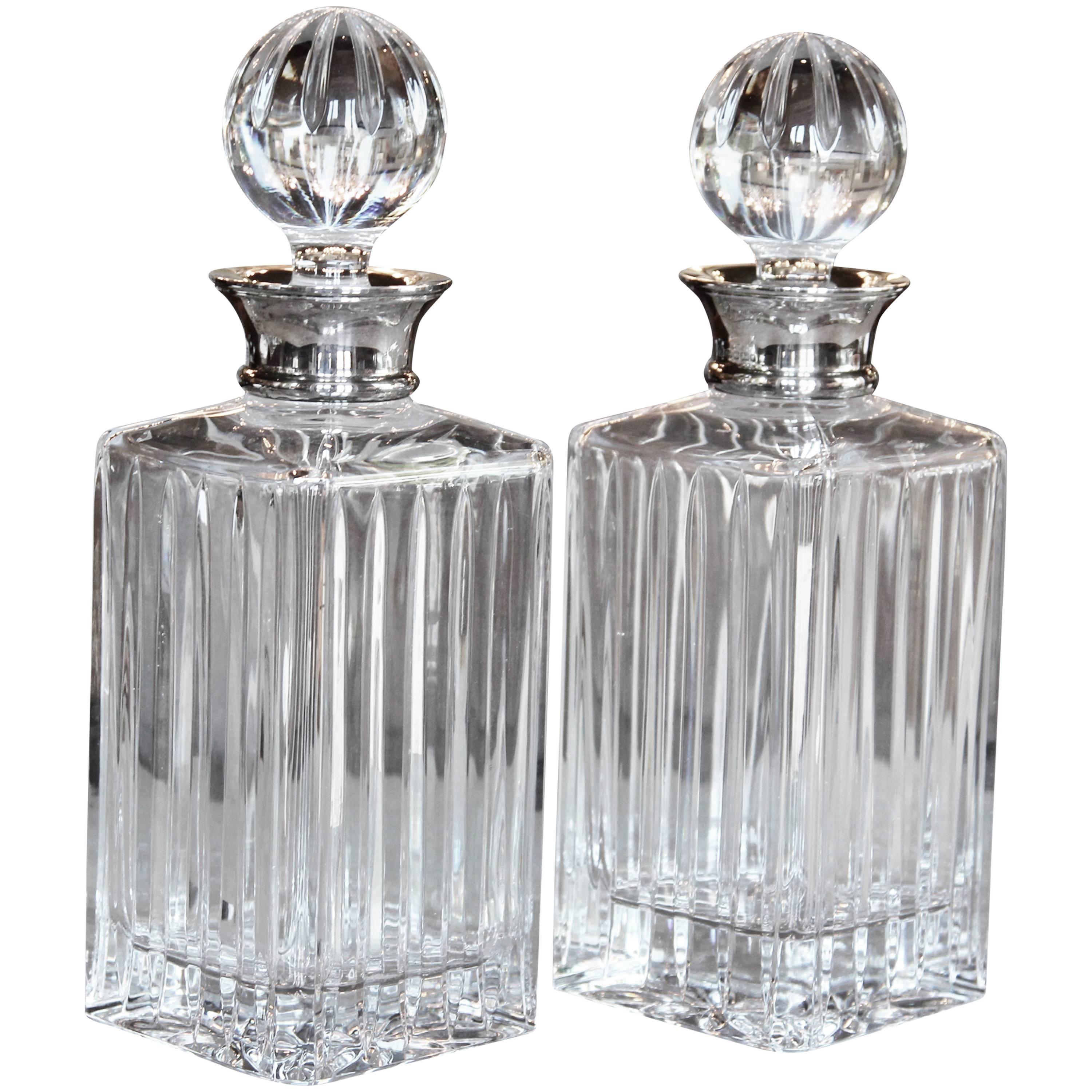 Pair of English Crystal Decanters with Sterling Silver Necks