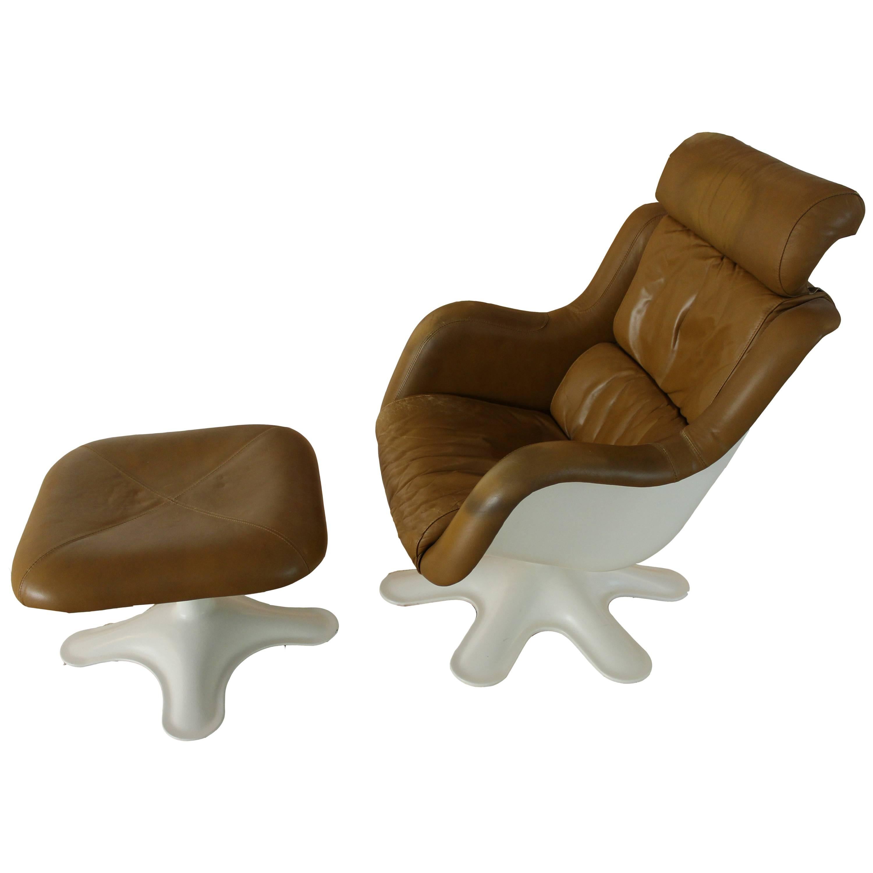 Yrjö Kukkapuro Chair and Ottoman Brown Leather over Molded Plastic