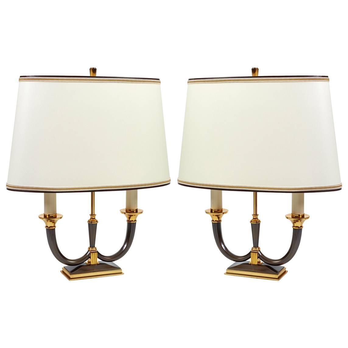 Elegant Pair of Faceted Bronze Lamps by Genet Michon