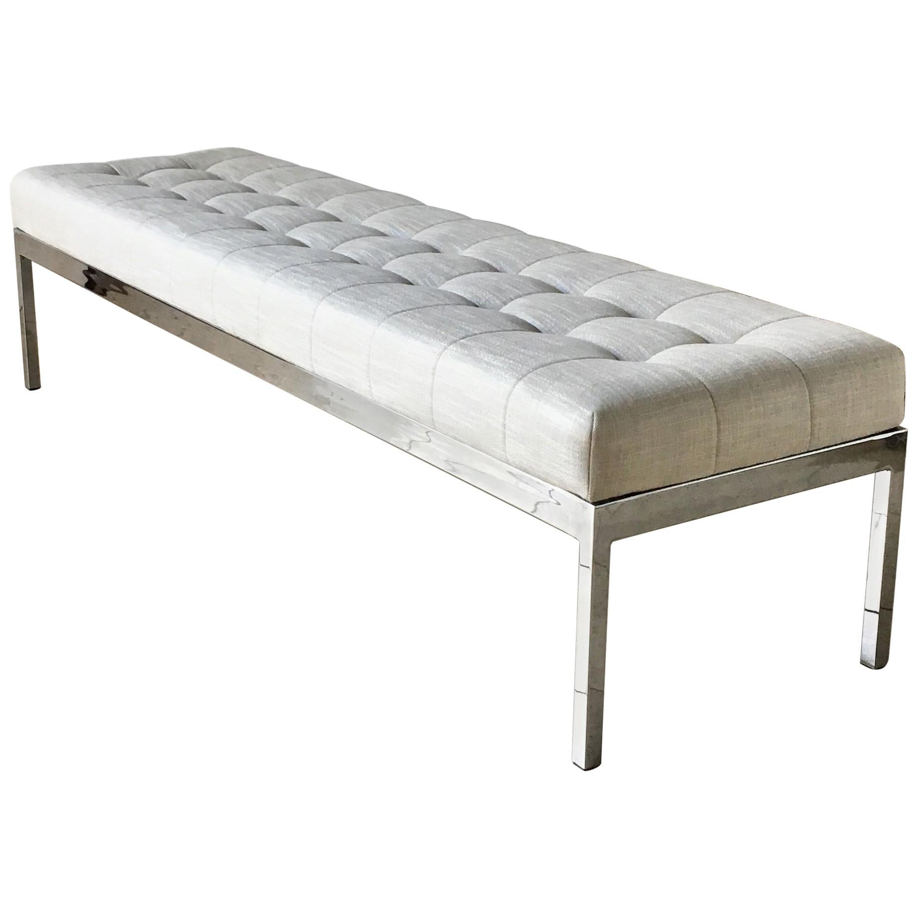 Milo Baughman Attributed Nickel and Linen Upholstered Bench For Sale