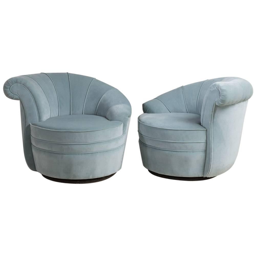 Pair of Shell Back Soft Blue Velvet Upholstered Swivel Chairs, 1970s For Sale