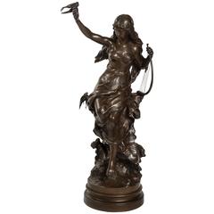 Woman with the Lyre Patinated Bronze by Mathurin Moreau, Signed, 19th Century