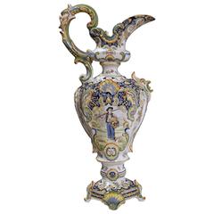 Large 19th Century French Hand-Painted Ceramic Ewer Vase from Rouen