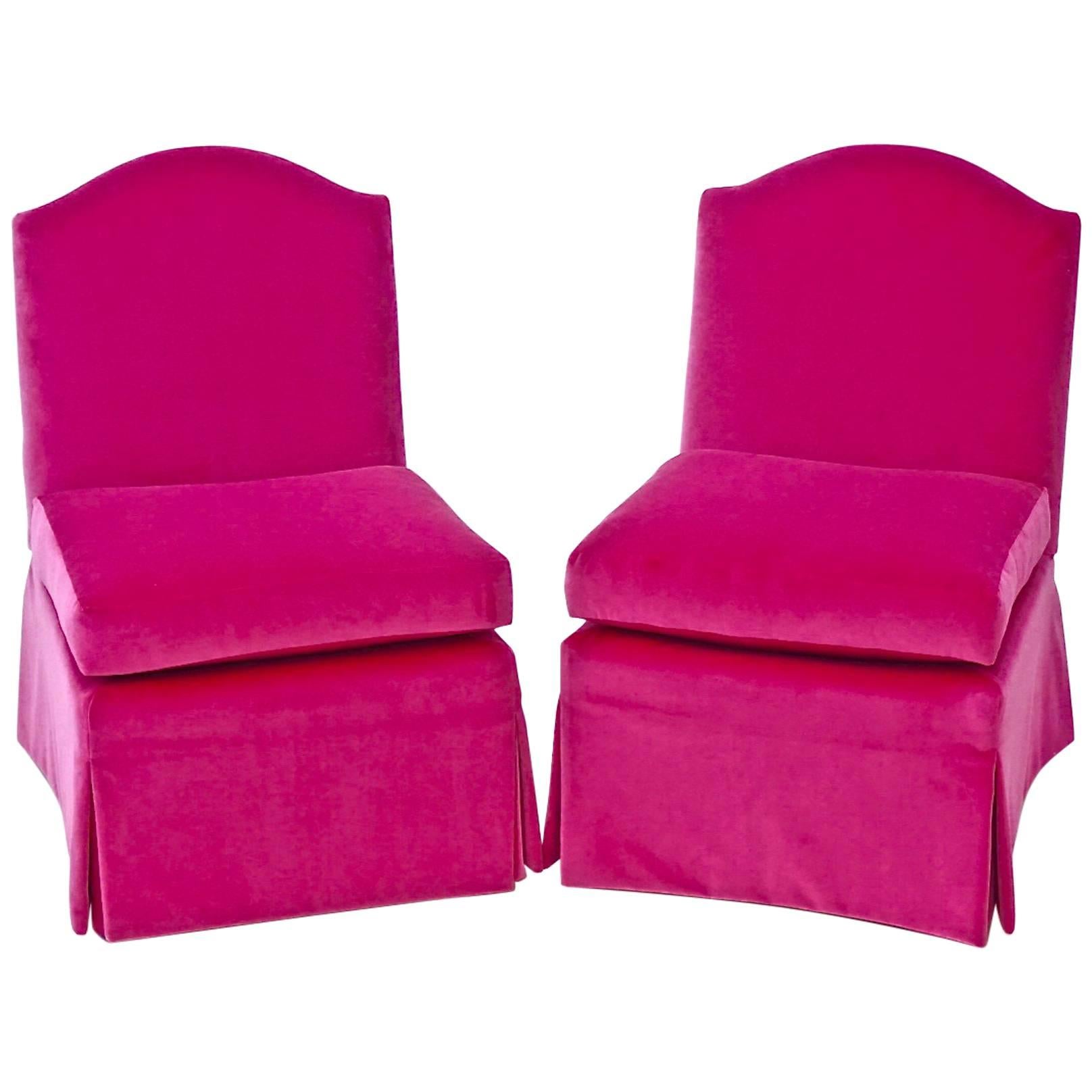 Classic Vintage Slipper Chairs (Pair) in Hot Pink Upholstery Fabric For