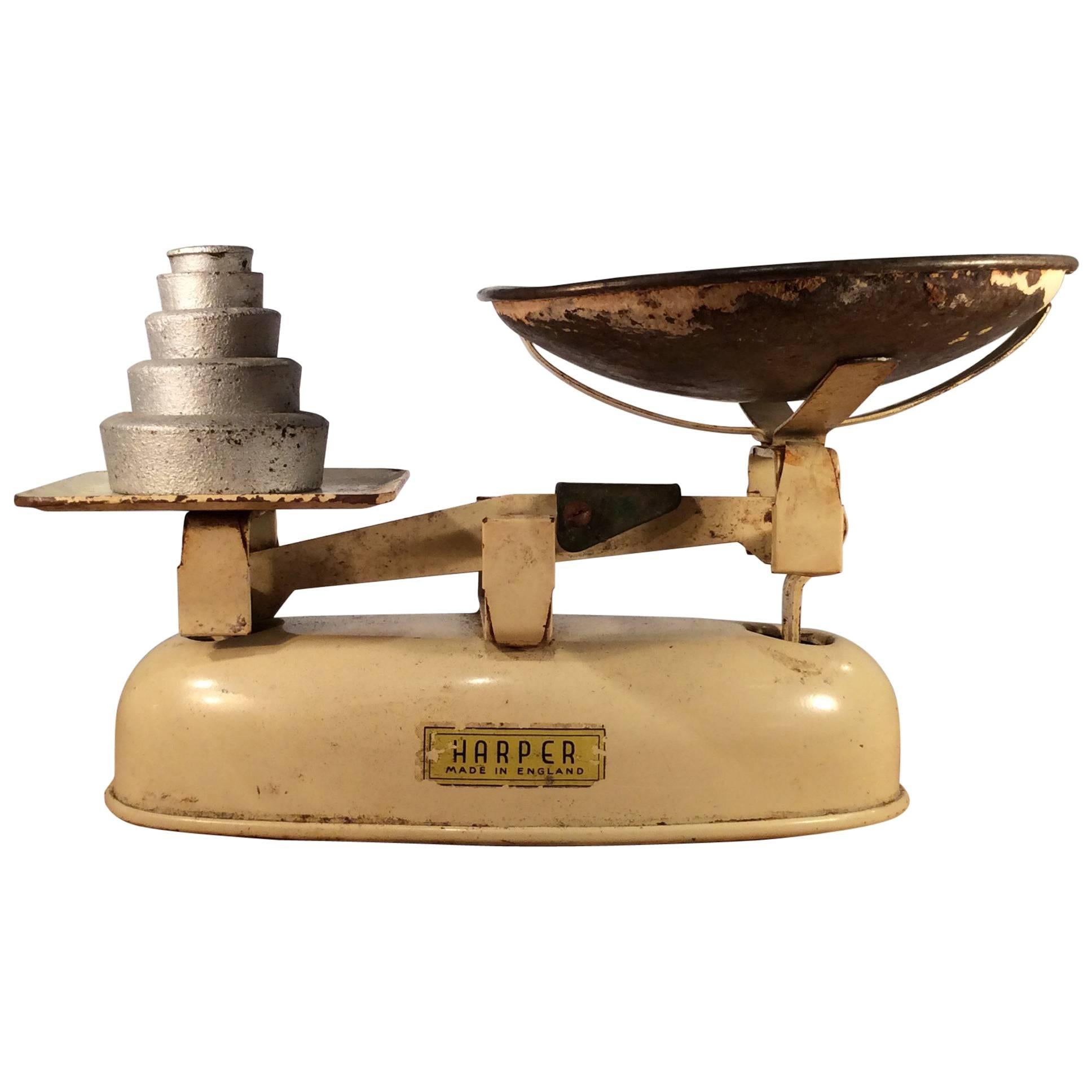 Vintage White Enamel Kitchen Scales with Weights